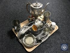 A tray of 20th century plated wares including coffee pot, tankard, serving spoons,