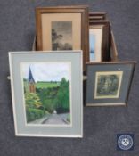 A collection of pictures including a watercolour by Walter Dixon, Atkinson Grimshaw prints,