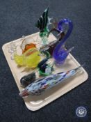 A tray of thirteen glass animal figures of birds and fish