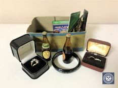 A box of pen knife, scissors, thimbles, miniature bottles of Guinness,