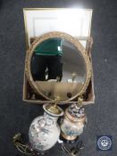 A box of circular gilt framed mirror, Anton Pieck gilt framed picture,