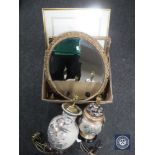 A box of circular gilt framed mirror, Anton Pieck gilt framed picture,