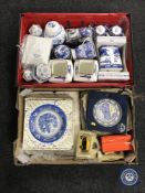 Two boxes containing boxed and unboxed Ringtons Willow pattern china, wall plates,
