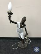 An early 20th century French metal figural table lamp modelled as a lady,