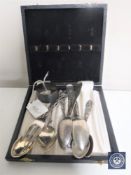 A box of silver napkin ring, set of five continental silver teaspoons,