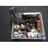 A box containing assorted table lighters and pocket lighters, penknives, hunting knife in sheath,