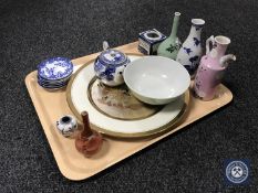 A tray of mixed Oriental items including antique Chinese blue and white teapot