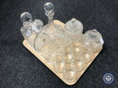 A tray of assorted glass ware, ship's decanter, whisky tumblers,