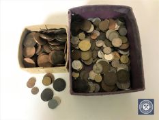 Two boxes containing a quantity of pre decimal Queen Elizabeth one penny pieces and foreign coins