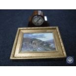 An Art Deco mantel clock together with a gilt framed print depicting cattle