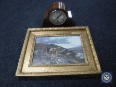 An Art Deco mantel clock together with a gilt framed print depicting cattle