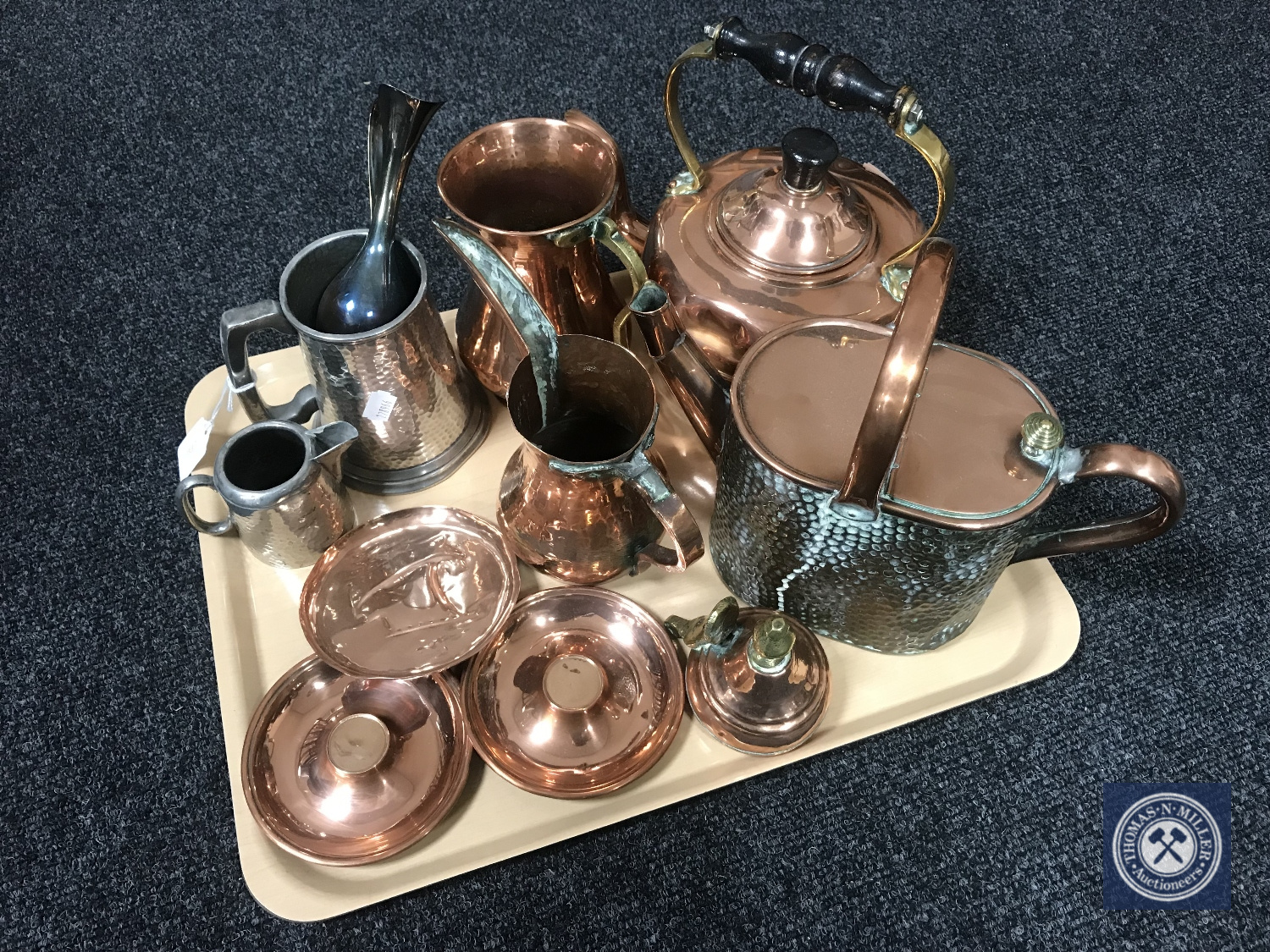 A tray of antique copper ware, teapot, watering can, jug,