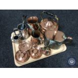 A tray of antique copper ware, teapot, watering can, jug,