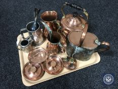 A tray of antique copper ware, teapot, watering can, jug,