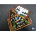 A Royal Marines commemorative twin handled tray together with two butterfly inlaid trays,