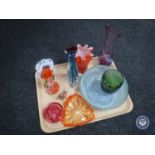 A tray of assorted glass ware, Caithness glass vase, flower bowl,