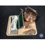 A tray of copper kettle and jug, copper flask, small tub of coins,