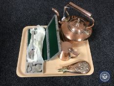 A tray of copper kettle and jug, copper flask, small tub of coins,