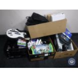 Five boxes of PC accessories, soft furnishings, collector's plates,