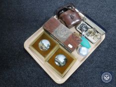 A tray of field glasses, perfume bottles, costume jewellery,