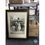 A box of assorted pictures and prints, oak framed antique print - Huntsman etc.