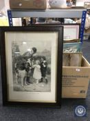 A box of assorted pictures and prints, oak framed antique print - Huntsman etc.