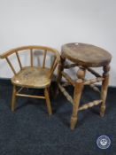 A child's horseshoe shaped chair together with a pine stool