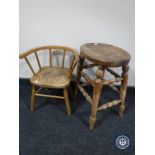 A child's horseshoe shaped chair together with a pine stool