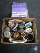 A box of pottery steins, copper lustre kettle,