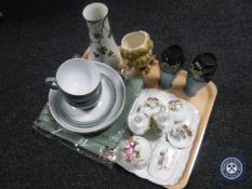 A tray containing pair of Shelley hexagonal vases, Denby stoneware mugs and plates,