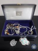 A box of sterling silver jewellery, brooches, rings, necklace etc.