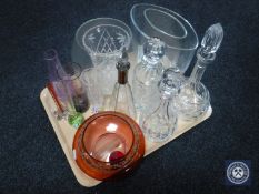 A tray of twentieth century glass ware, coloured glass bowl,