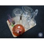 A tray of twentieth century glass ware, coloured glass bowl,