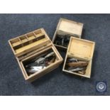 Three wooden boxes of vintage hand tools and door furniture