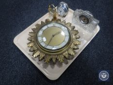 A tray of sunburst wall clock together with four other mantel clocks
