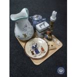 A tray of water jug, Ringtons chintz jug, Hummel table lamp,
