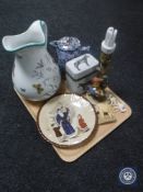 A tray of water jug, Ringtons chintz jug, Hummel table lamp,