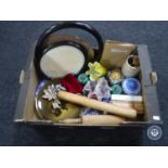 A box of wooden picture frames, Woods meat plate, rolling pin, Dominoes,