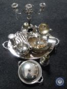 A quantity of plated wares including twin handled serving tray, cruet set,