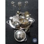 A quantity of plated wares including twin handled serving tray, cruet set,