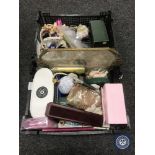 Two baskets of costume jewellery, bank notes, crowns, dressing table tray,