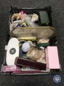 Two baskets of costume jewellery, bank notes, crowns, dressing table tray,
