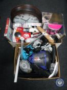Three boxes of contemporary wall clock, Yamaha recorder, various electricals including Bissell vac,