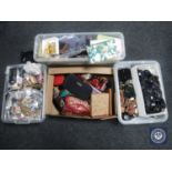 Three plastic crates and box containing hair accessories, belts,