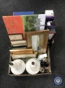 Two boxes of framed pictures, prints, table lamp, laptop bag,