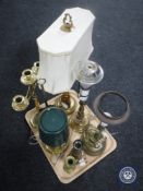 A tray of assorted brass table lamps and candelabra