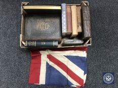 A box of leather bound family bible, twentieth century books, family doctor book,