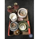 Two boxes of assorted plant pots and planters, stoneware flagon,
