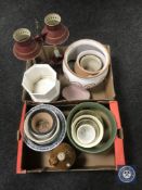 Two boxes of assorted plant pots and planters, stoneware flagon,