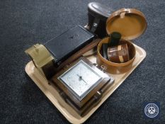 A tray of leather cased Canon binoculars, Tempus Fugit clock, oak barometer,